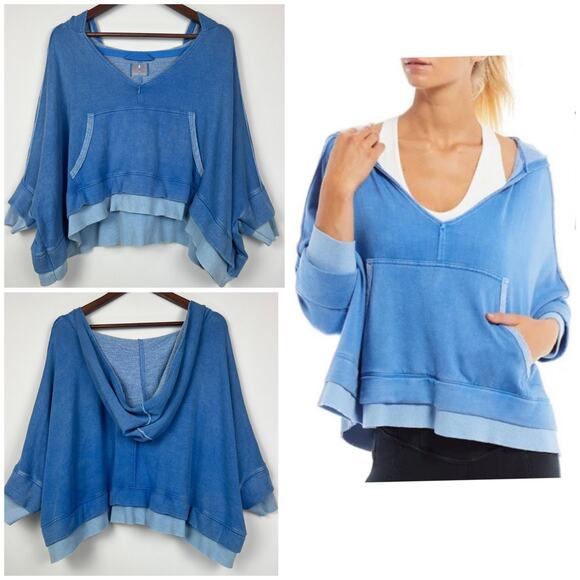 FP Movement Blue XS Layered Hem Hoodie  V-Neck Oversized Cropped Sweatshirt0 - Picture 6 of 10